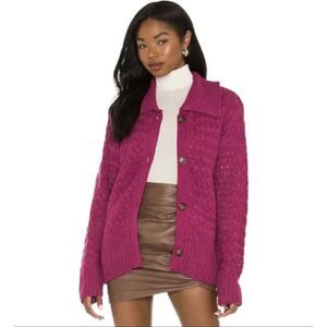 NWT $161 For Love And Lemons Florence Cable Knit Oversized Cardigan Fuchsia XXS